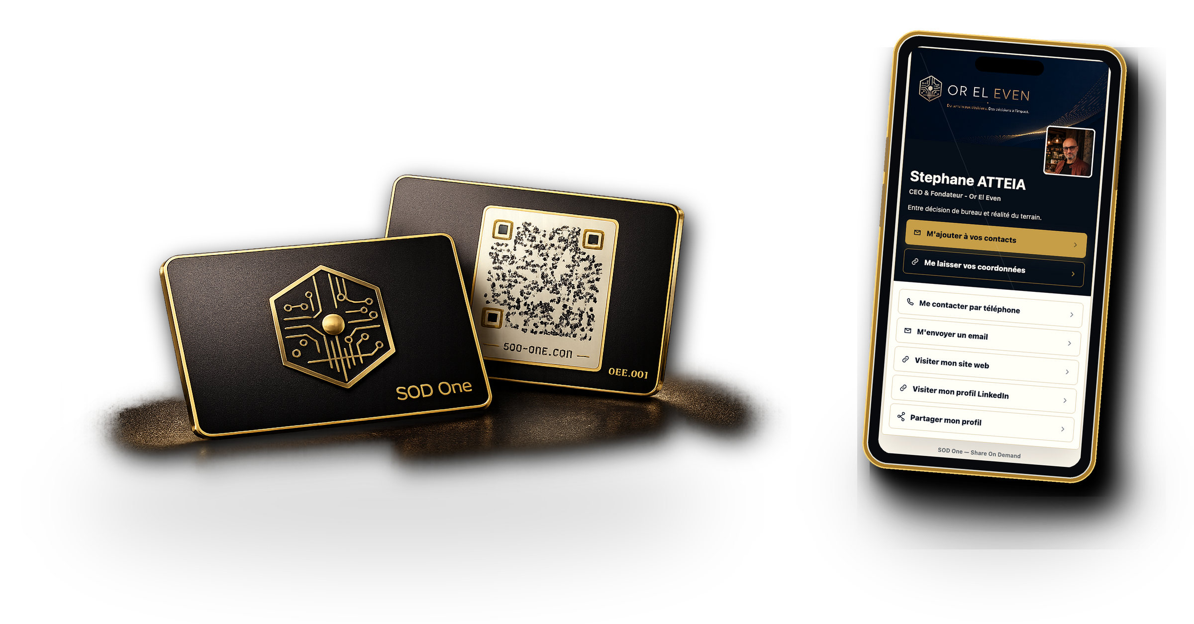 Carte physique SOD One, QR et profil digital mobile